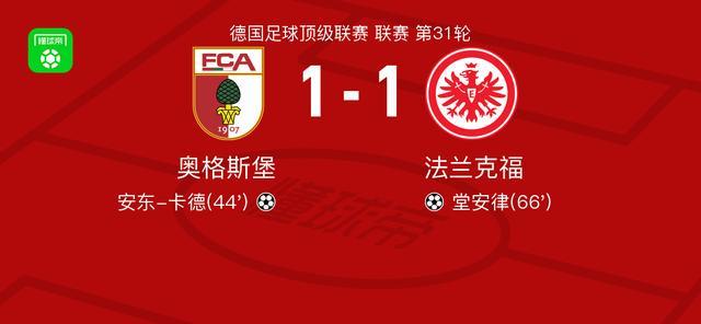 奥格斯堡1-1法兰克福，安东-卡德首开记录，堂安律扳平